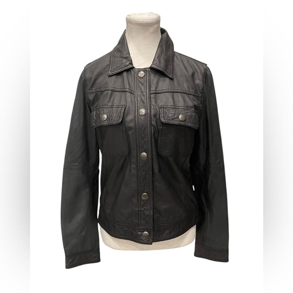 FRAME Leather Trucker Jacket Black Size :M